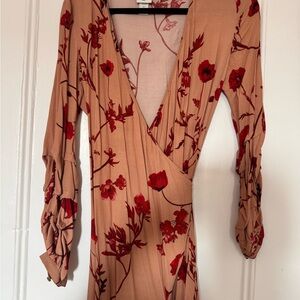 Floral Wrap Dress in Red and Tan